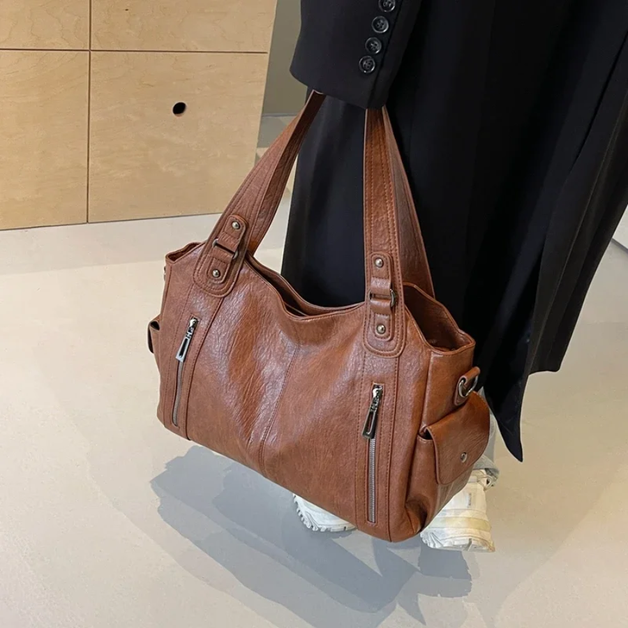Cognac vegan leather shoulder bag for women, stylish and casual everyday handbag