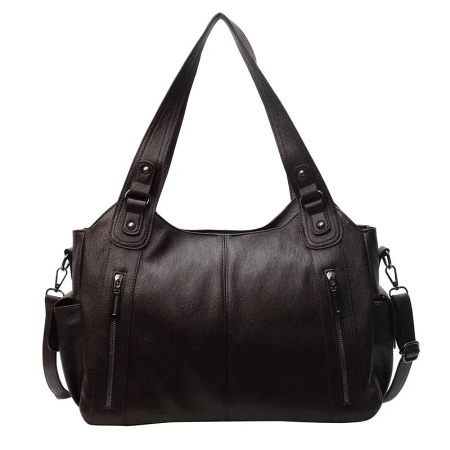 A collection of women's vegan leather shoulder bags, showcasing various colors and styles