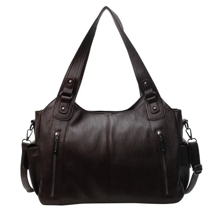 A collection of women's vegan leather shoulder bags, showcasing various colors and styles