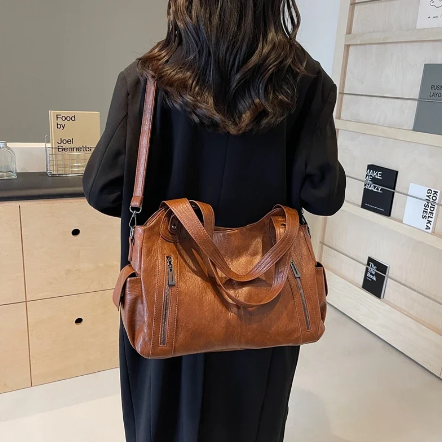 Espresso vegan leather shoulder bag, elegant and practical handbag for women