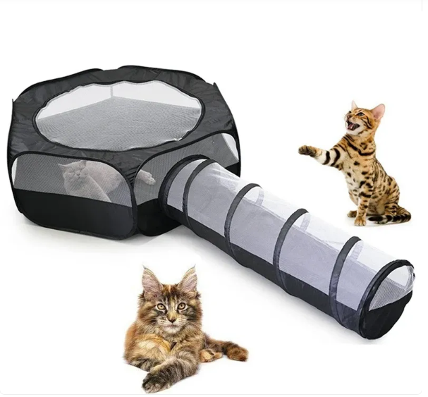 Collapsible cat play tunnel house with built-in scratching tent, an interactive pet toy and cozy bed for cats.