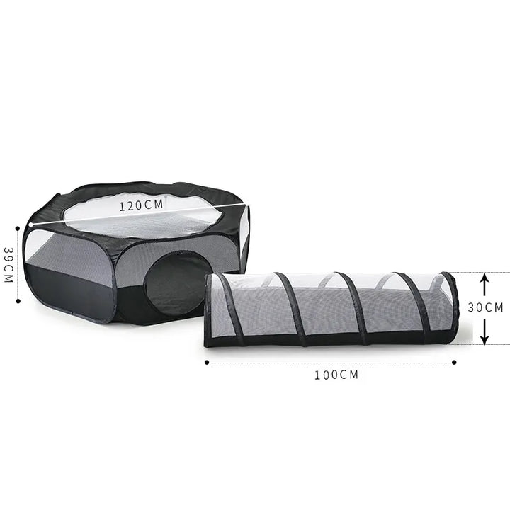Interactive collapsible cat tent and play tunnel house with scratching pad, a fun pet toy and comfy cat bed.