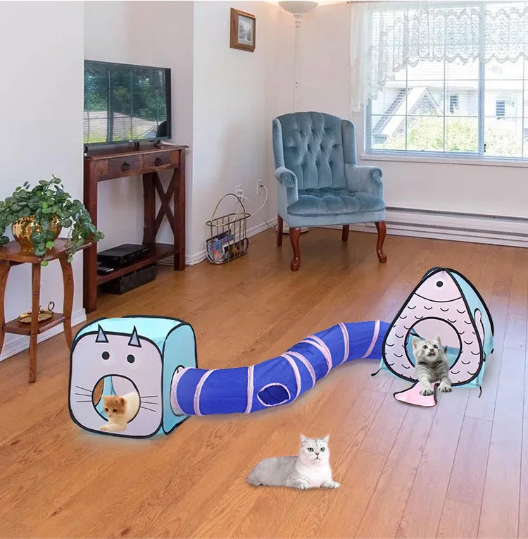 Collapsible cat play tunnel with peep holes for interactive feline fun. Durable pet hideaway & tunnel toy.