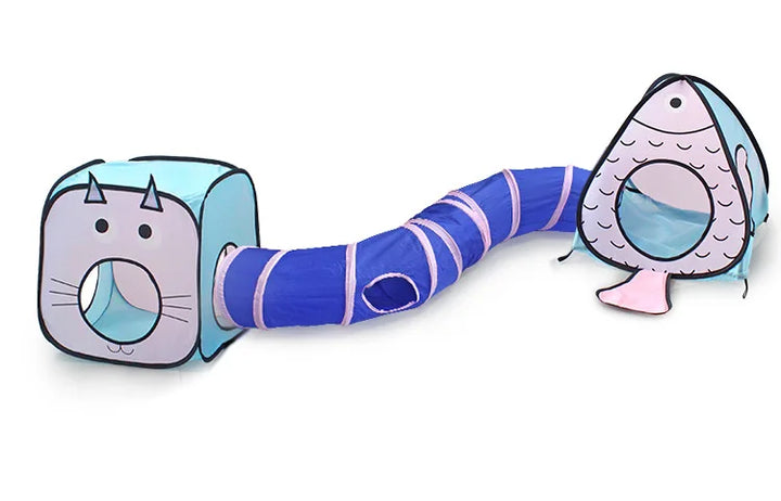 Cozy cat house attached to a play tunnel, providing an interactive cat hideaway & pet fun zone.