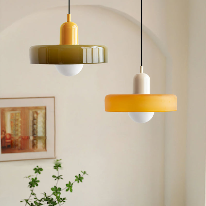 Colorful Bauhaus pendant light with vibrant stained glass design in white, orange, and green. Ideal ceiling lamps for home de