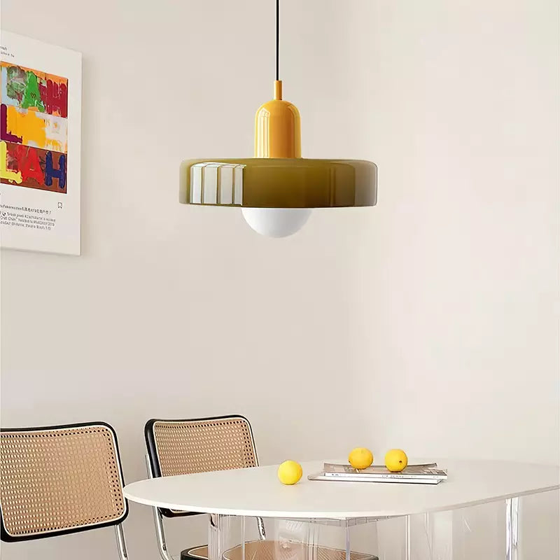 Colorful Bauhaus pendant light with vibrant stained glass design in white, orange, and green. Ideal ceiling lamps for home de