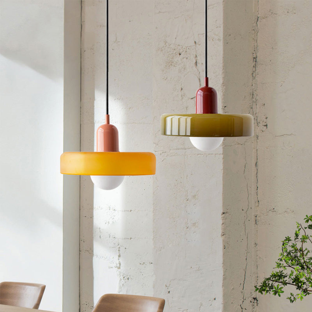 Colorful Bauhaus pendant light with vibrant stained glass design in white, orange, and green. Ideal ceiling lamps for home de