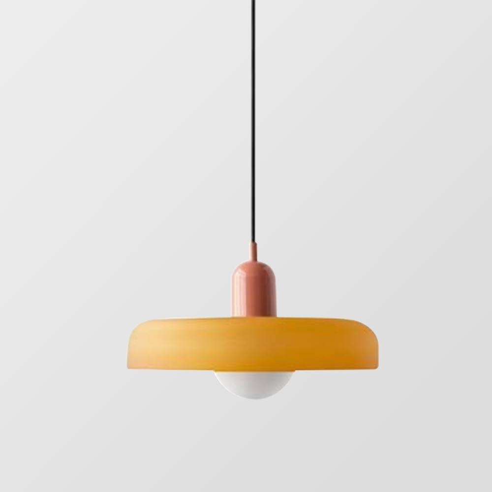 Colorful Bauhaus pendant light with vibrant stained glass design in white, orange, and green. Ideal ceiling lamps for home de