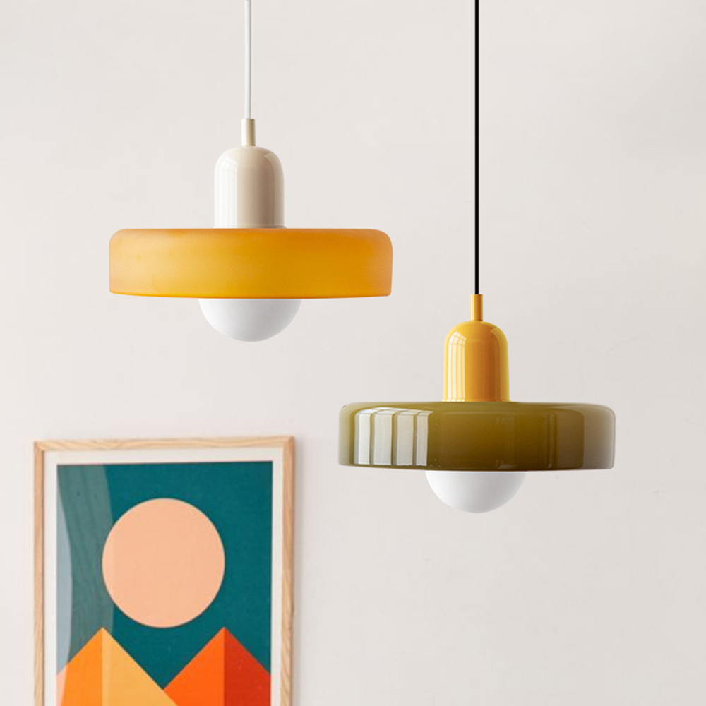 Colorful Bauhaus pendant light with vibrant stained glass design in white, orange, and green. Ideal ceiling lamps for home de