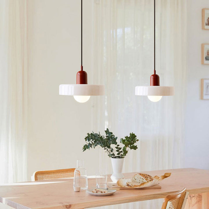 Colorful Bauhaus pendant light with vibrant stained glass design in white, orange, and green. Ideal ceiling lamps for home de