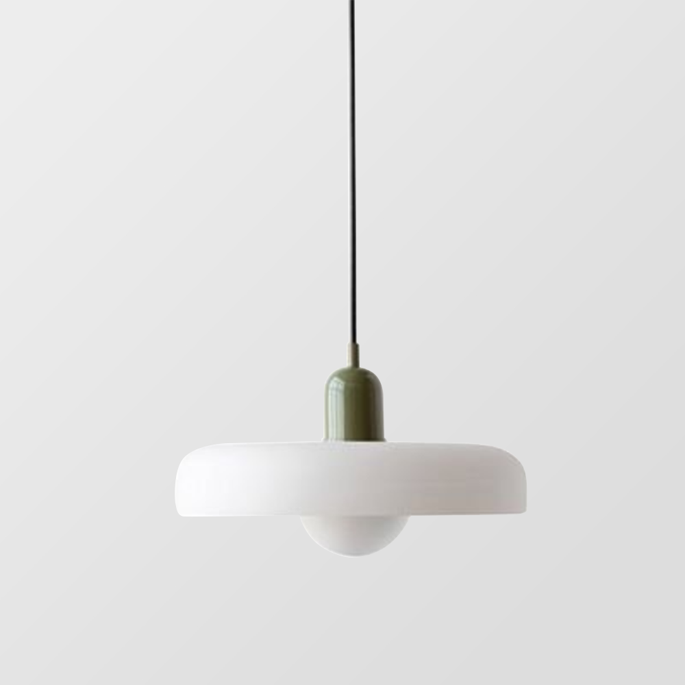 Colorful Bauhaus pendant light with vibrant stained glass design in white, orange, and green. Ideal ceiling lamps for home de
