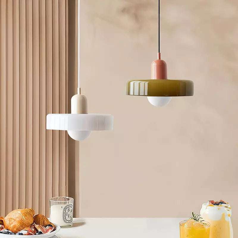Colorful Bauhaus pendant light with vibrant stained glass design in white, orange, and green. Ideal ceiling lamps for home de