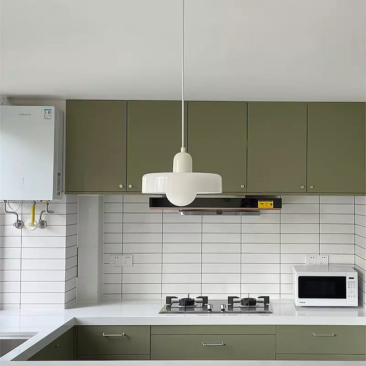 Colorful Bauhaus pendant light with vibrant stained glass design in white, orange, and green. Ideal ceiling lamps for home de