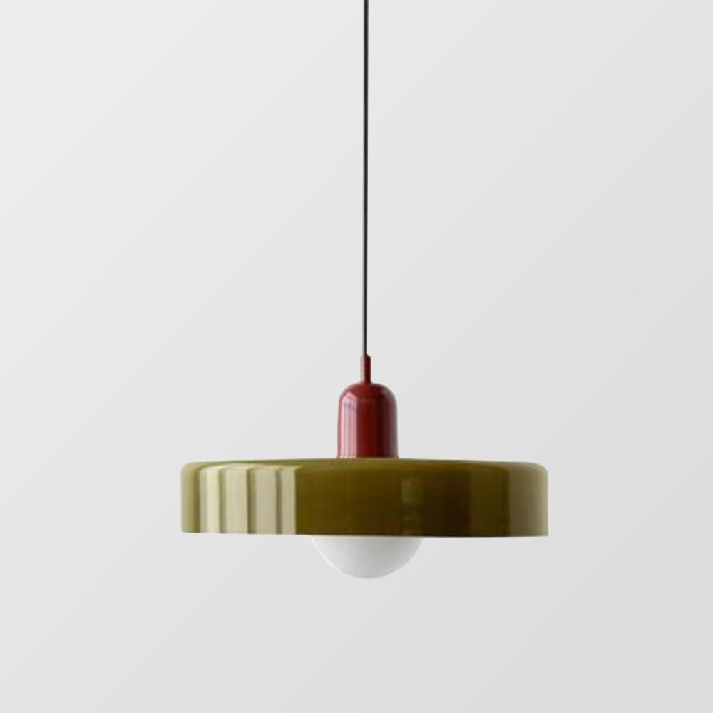 Colorful Bauhaus pendant light with vibrant stained glass design in white, orange, and green. Ideal ceiling lamps for home de