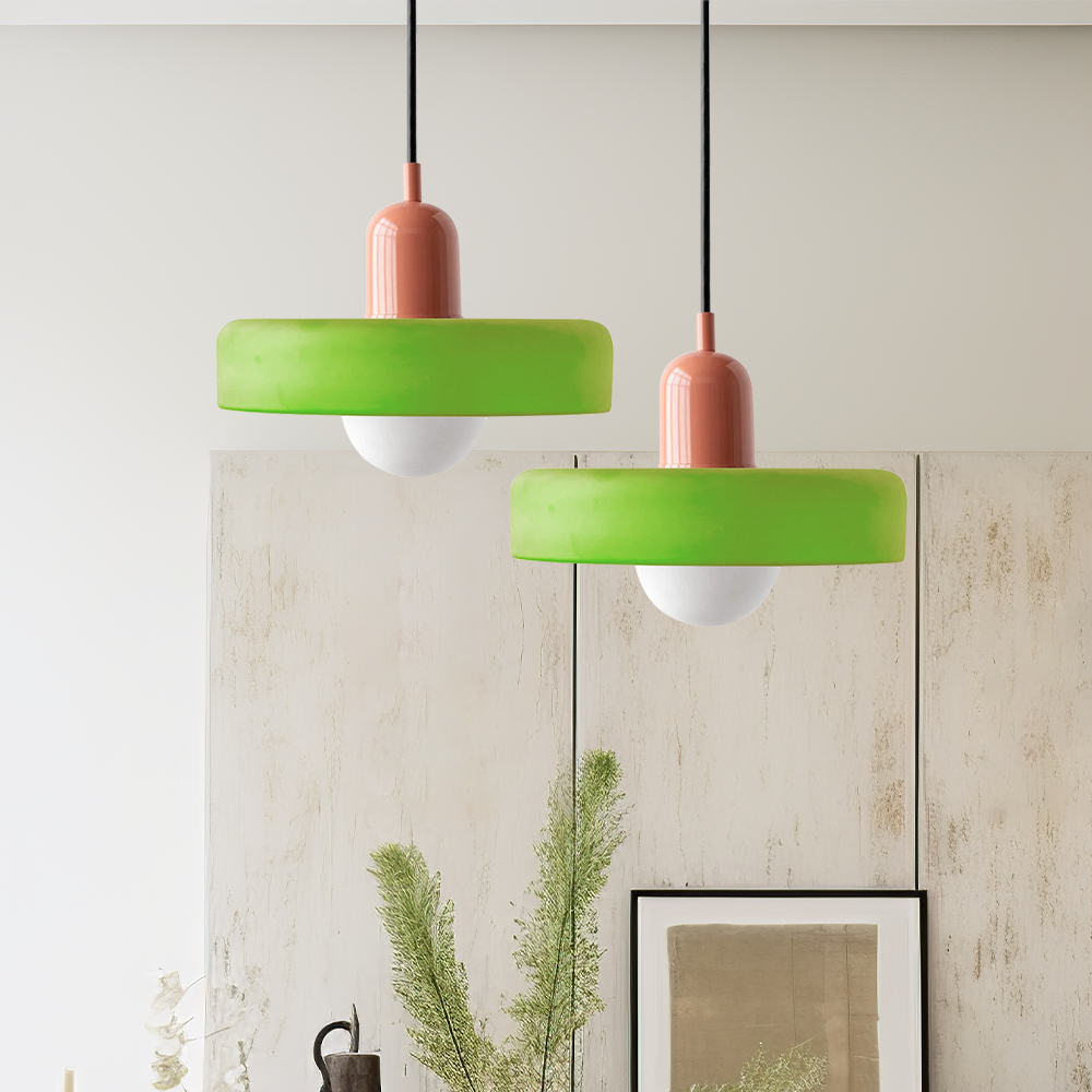 Colorful Bauhaus pendant light with vibrant stained glass design in white, orange, and green. Ideal ceiling lamps for home de