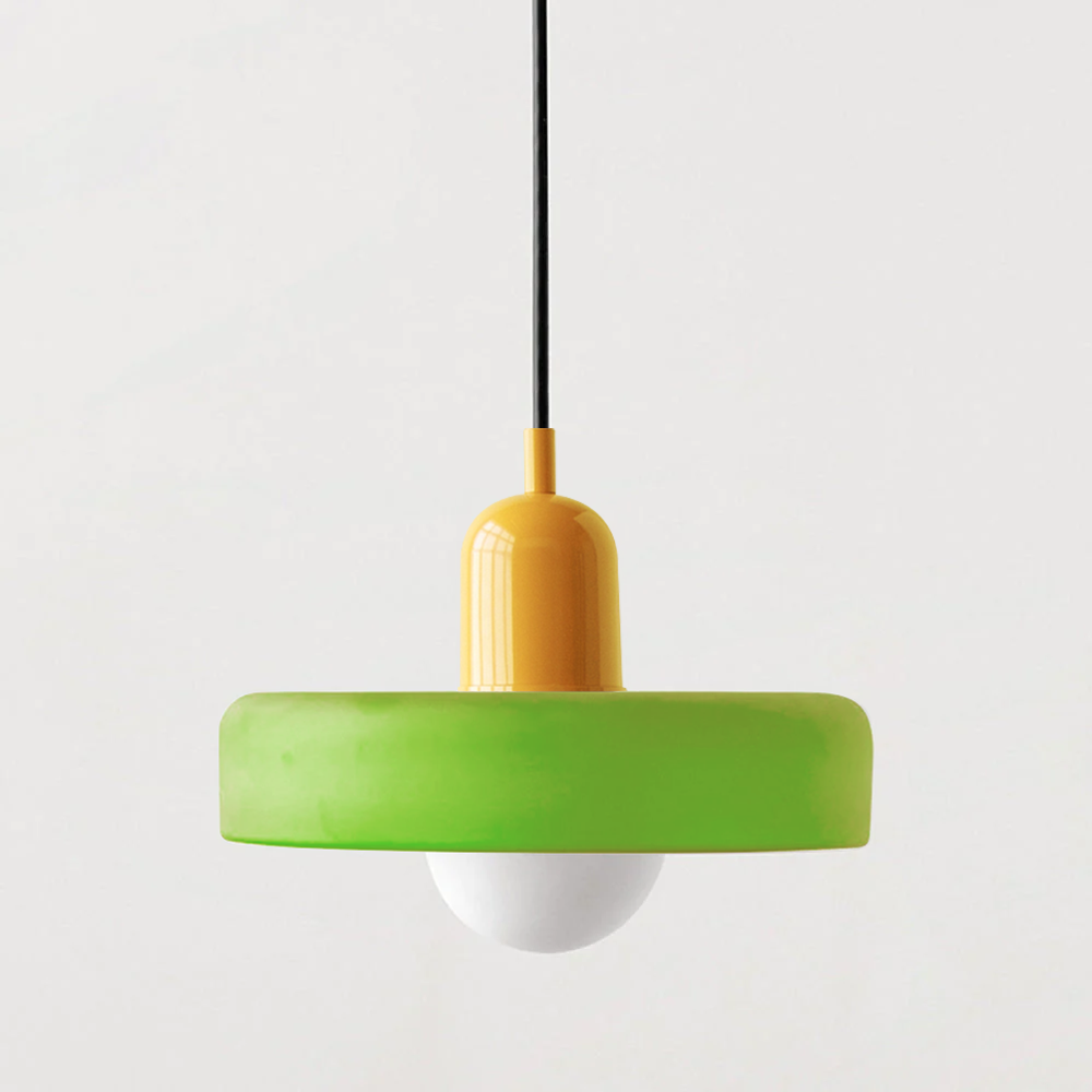 Colorful Bauhaus pendant light with vibrant stained glass design in white, orange, and green. Ideal ceiling lamps for home de
