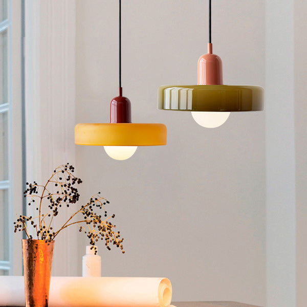 Colorful Bauhaus pendant light with vibrant stained glass design in white, orange, and green. Ideal ceiling lamps for home de
