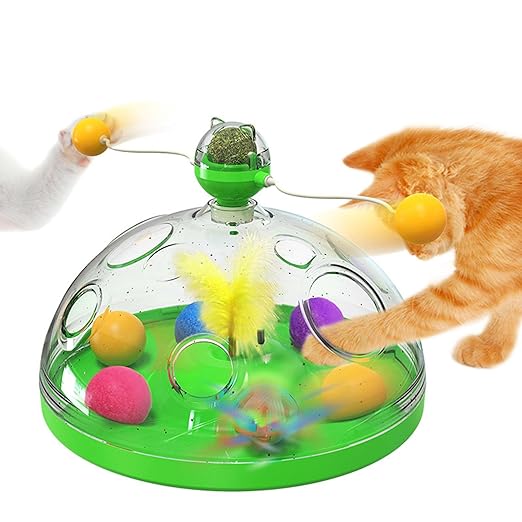 Colorful interactive cat puzzle toy in turquoise, yellow, pink for mental stimulation and feline fun.