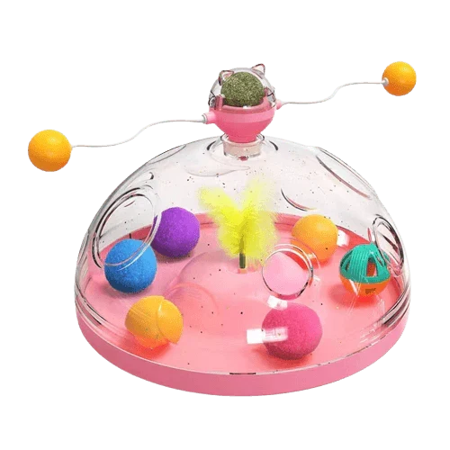 Durable pet enrichment cat puzzle toy in green, yellow & pink. Encourages active play & mental challenge.