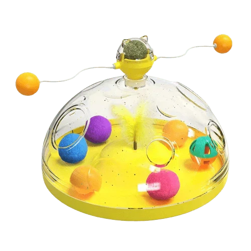 Feline interactive puzzle toy for cats, stimulating active play. Features bright turquoise, pink, & yellow colors.