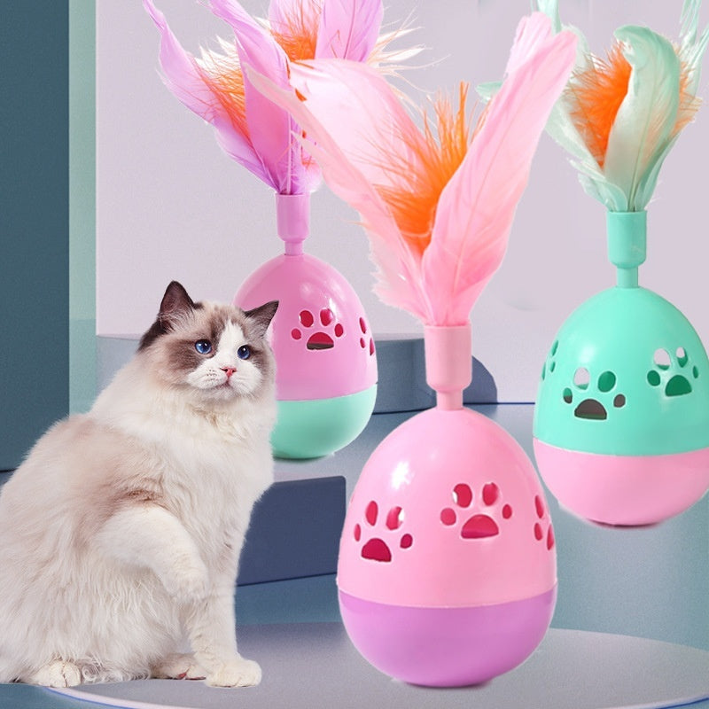 Colorful interactive cat toy ball with feathers for engaging pet play.
