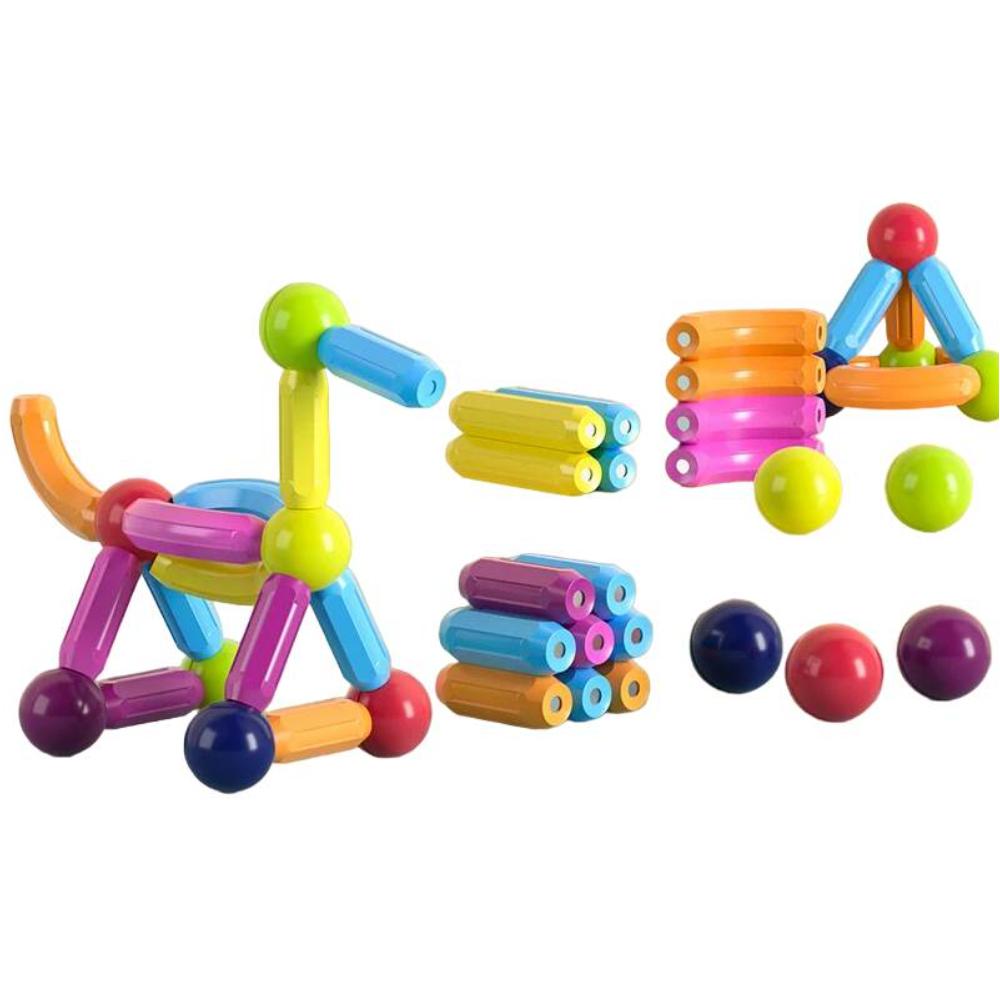 Magnetic building sticks & metal balls kit allowing kids to construct various shapes & structures. Ideal for creative play.