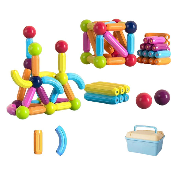 Children playing with magnetic building blocks, enhancing fine motor skills & problem-solving abilities. A fun educational toy.
