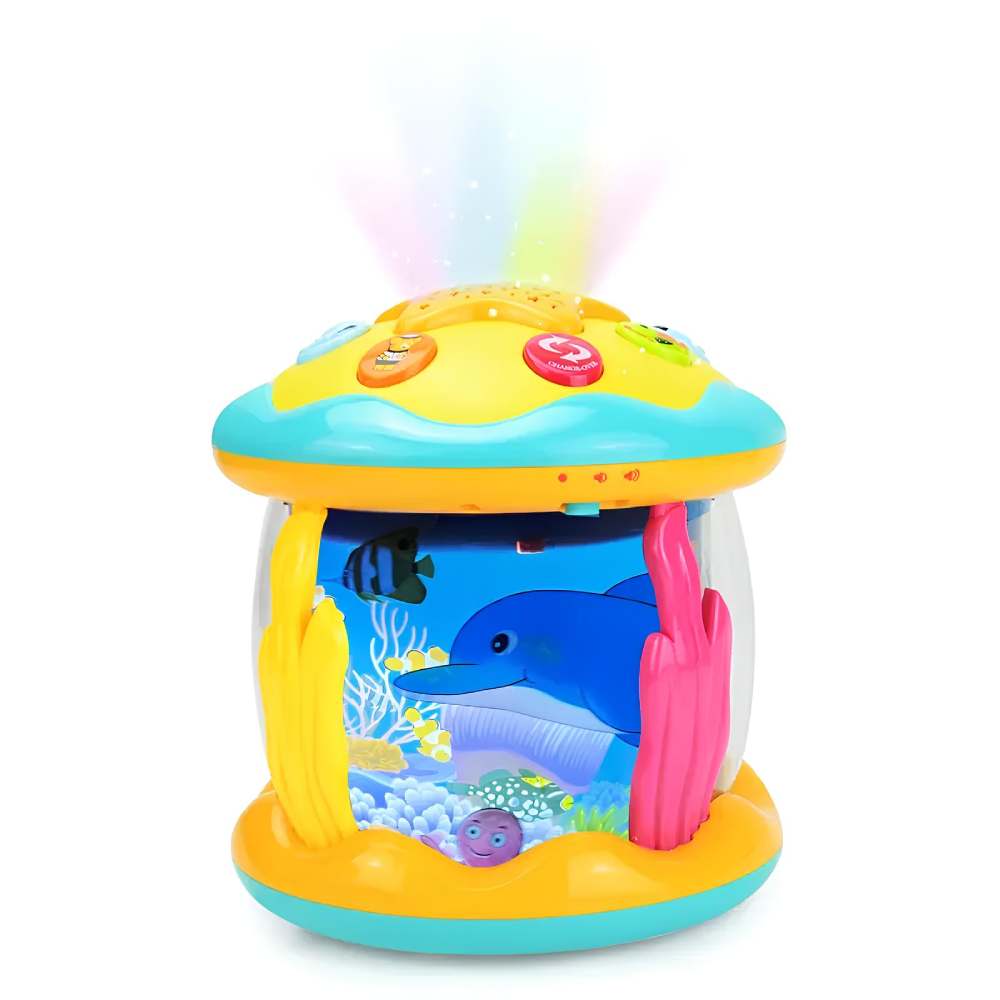 Colorful ocean light-up baby projector toy with musical melodies for sensory development in infants and toddlers.