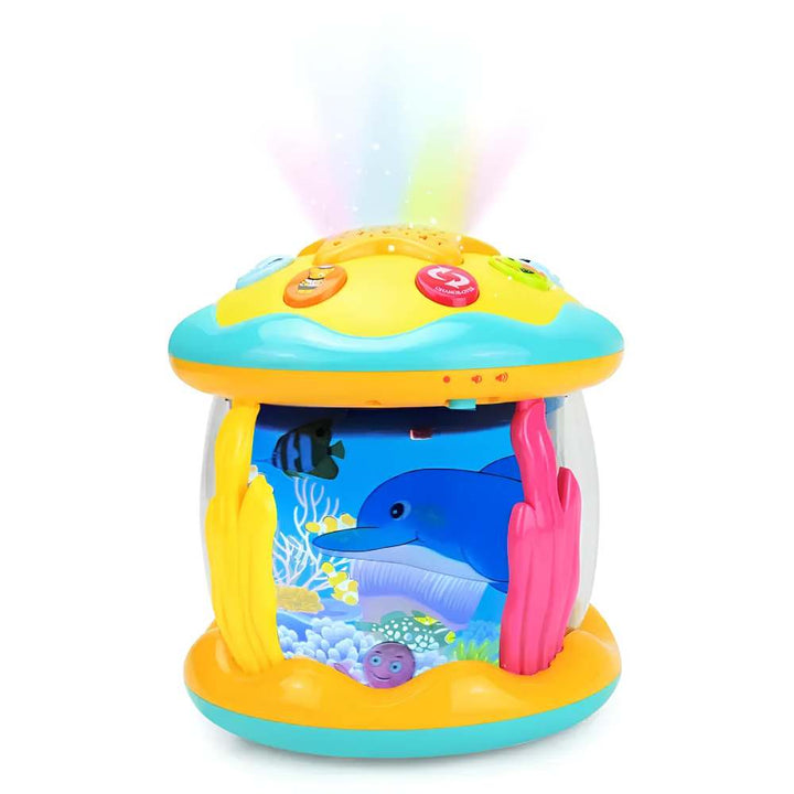 Colorful ocean light-up baby projector toy with musical melodies for sensory development in infants and toddlers.