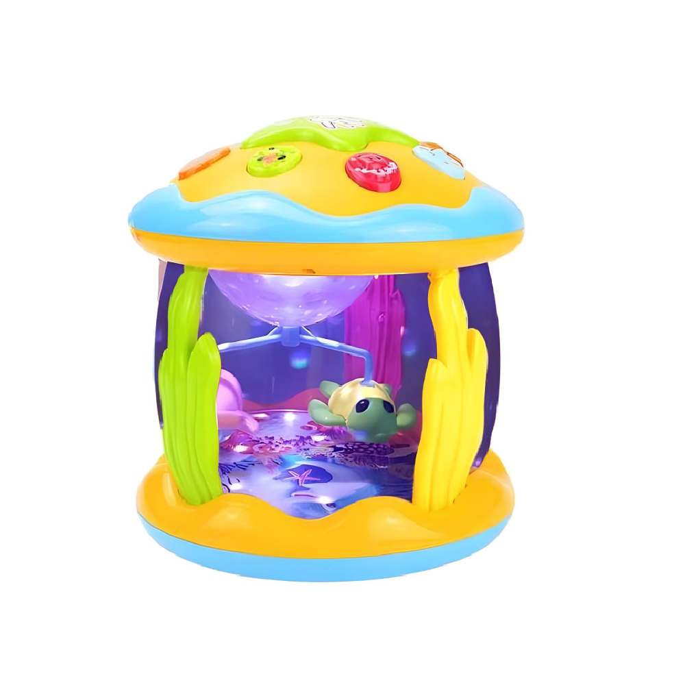 Unisex musical baby projector nightlight creating calming ocean lights for infant sensory development & sleep.