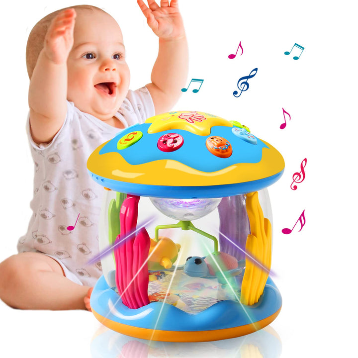 Vibrant ocean-themed musical baby projector toy, illuminating nurseries with colorful lights for toddlers.