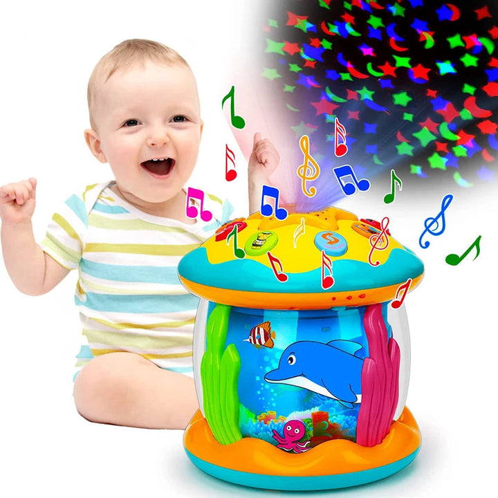 Interactive musical light-up baby projector toy, perfect gift for infants & toddlers' sensory play & night comfort.