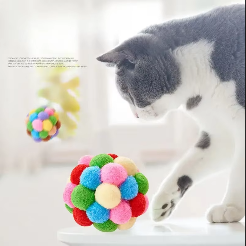 Colorful Pompom Cat Toy Ball. Soft, interactive pet toy for playful cats & kittens. Great for feline enrichment.