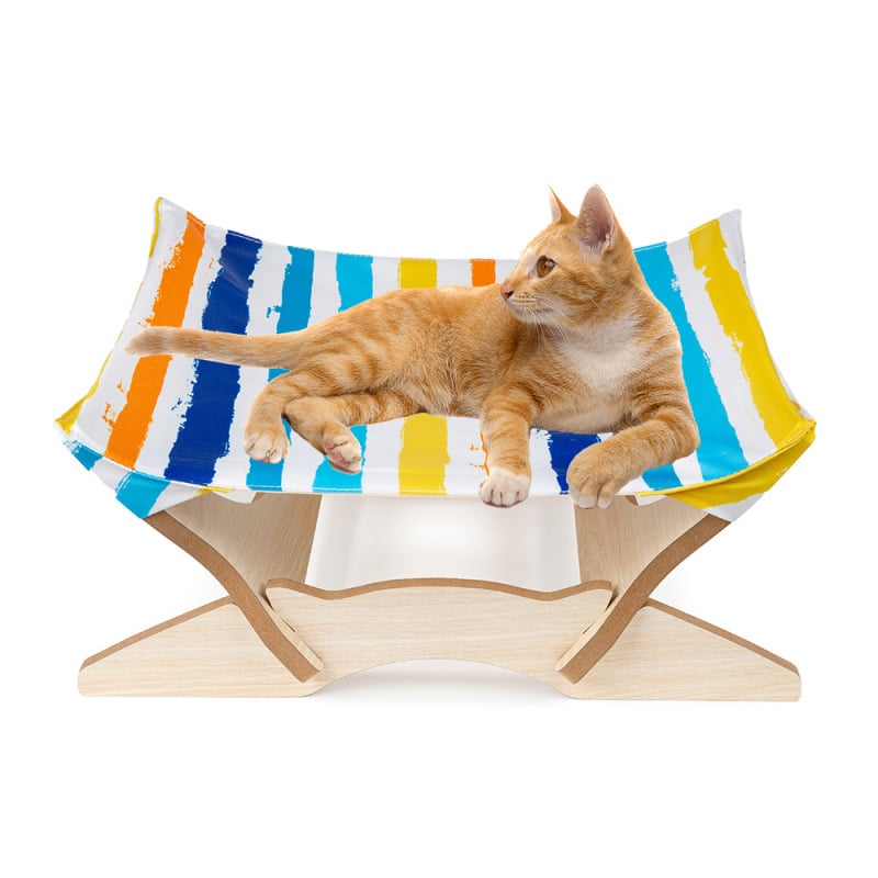 Modern wooden cat bed with a vibrant colorful fabric cover, offering a comfortable and cozy pet furniture piece.