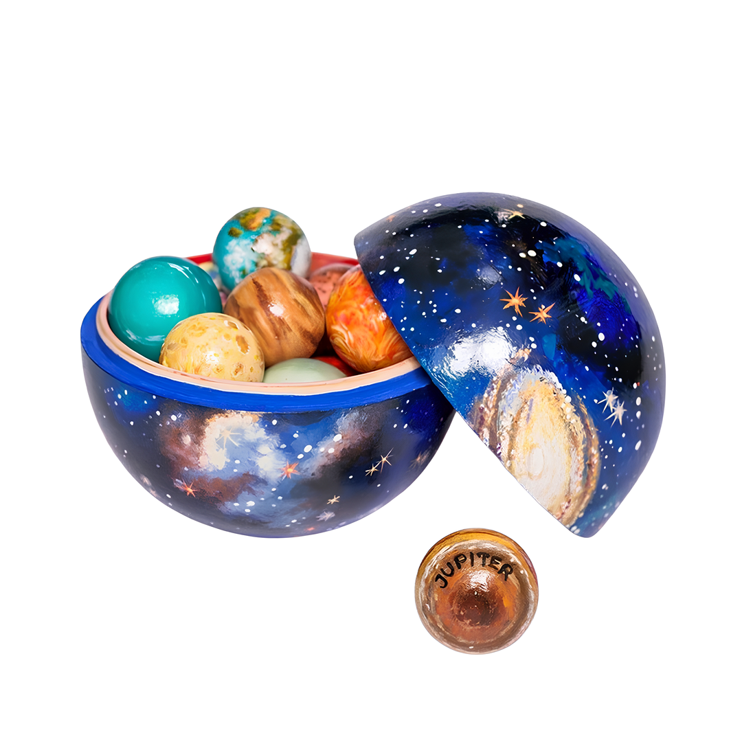 Colorful wooden solar system learning set with 8 planets & sun, an educational toy for kids interested in space science.