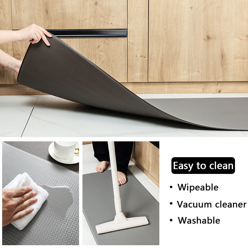 Modern kitchen floor mat, comfort anti-slip design, waterproof PVC rug enhances kitchen safety & decor.