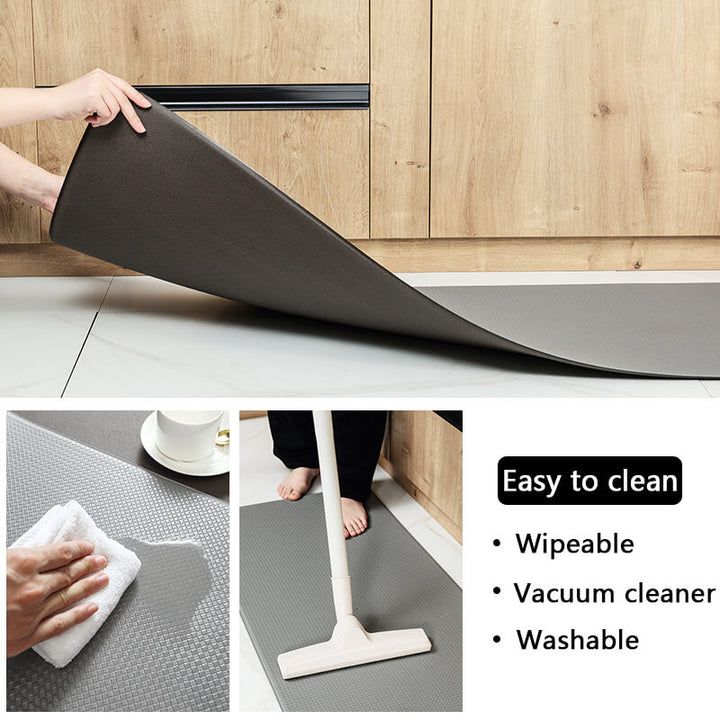 Modern kitchen floor mat, comfort anti-slip design, waterproof PVC rug enhances kitchen safety & decor.