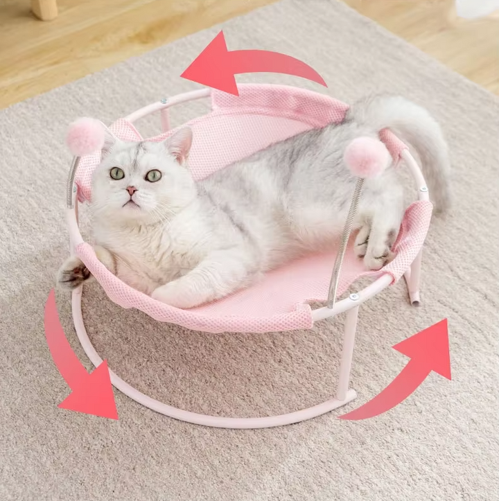 Stylish elevated cat hammock with plush round cushion, providing a comfortable pet relaxation spot & bed.
