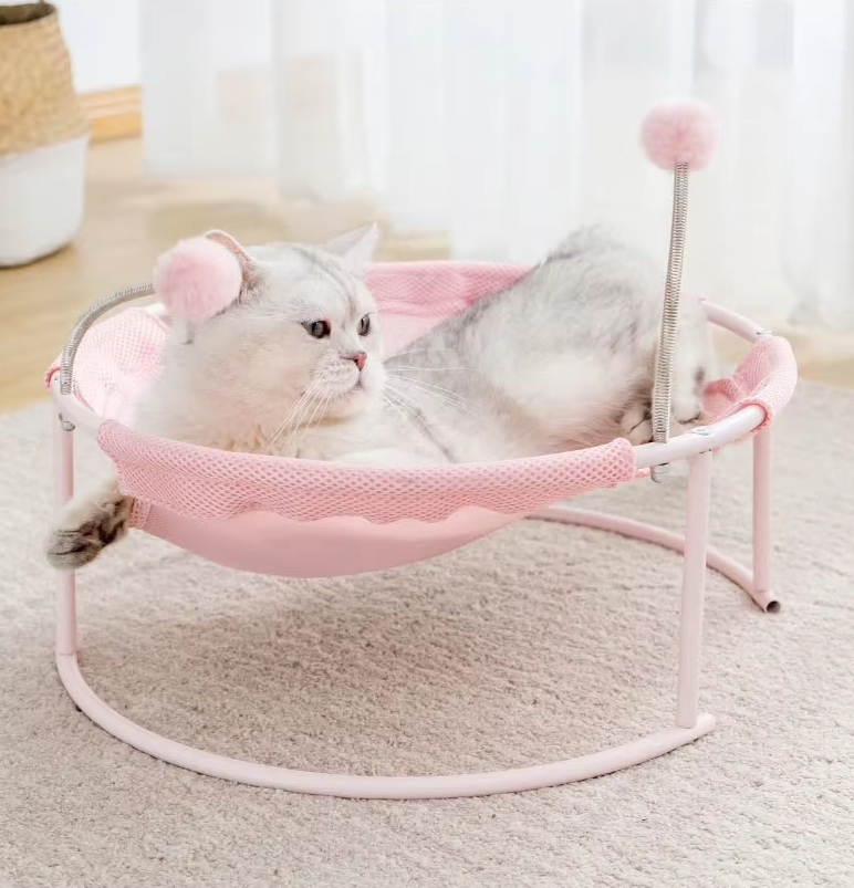 Modern cat hammock & lounger, a comfortable round pet bed with interactive play balls for happy, relaxed cats.