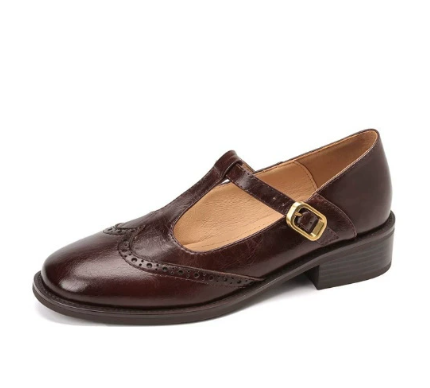 Brown women's orthopedic Mary Jane pumps, featuring a comfortable design and low heel for all-day support.