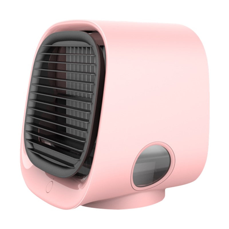 Efficient compact air cooler and humidifier. A portable desk fan for personal cooling and home or office use.
