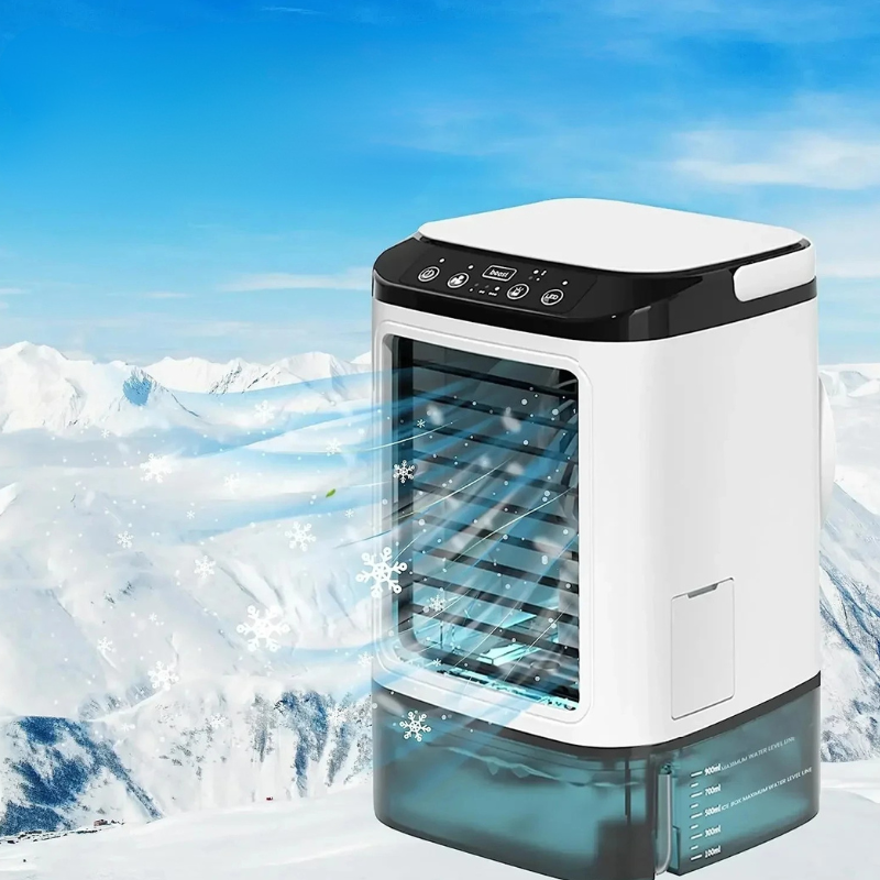 Compact personal air conditioner with 3-speed mist fan, a portable desk cooler for home comfort & summer relief.