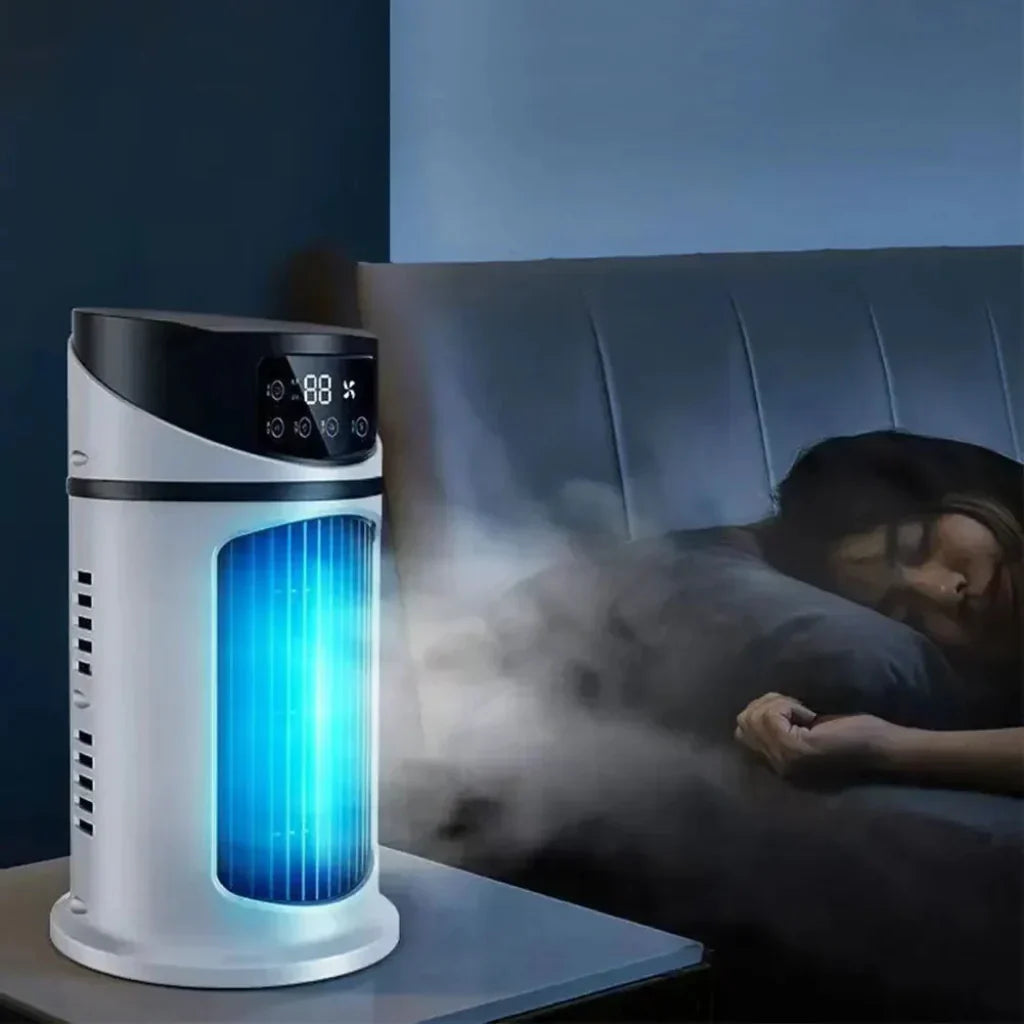 Compact personal evaporative air cooler fan for desk. Portable mini AC unit with humidifier for home office summer.