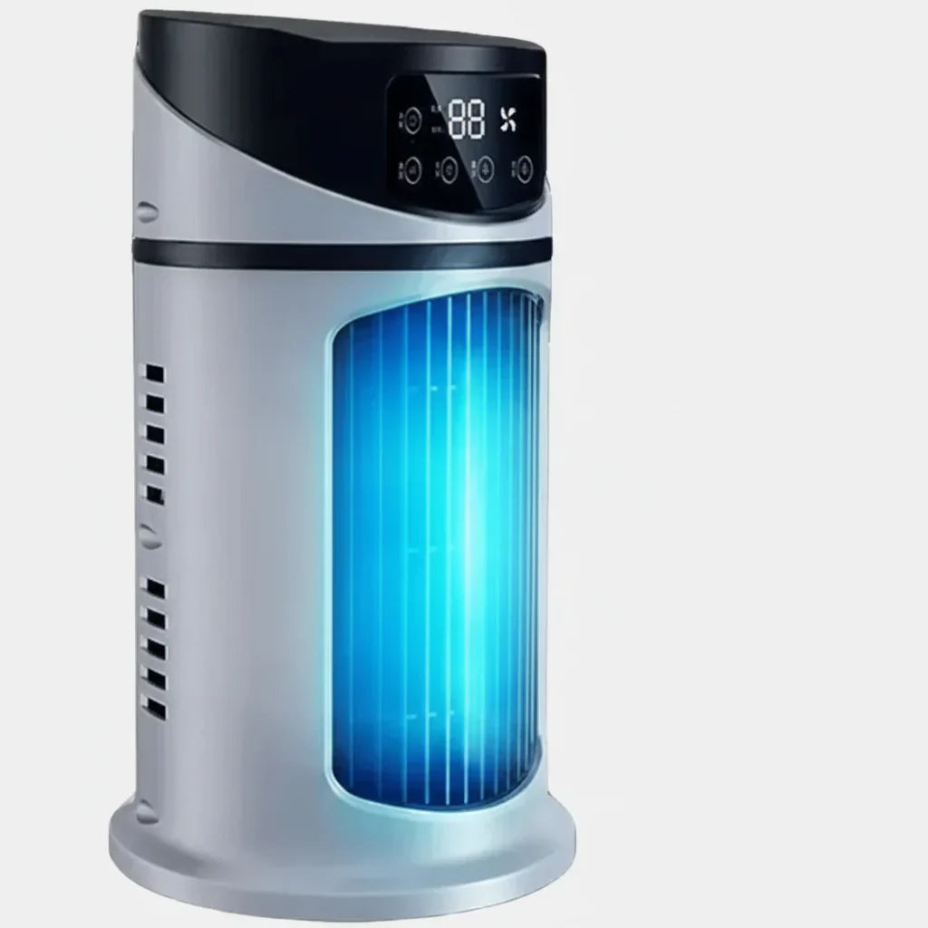 Evaporative cooler fan provides cool, humidified air. Personal desktop AC for efficient, quiet summer cooling.