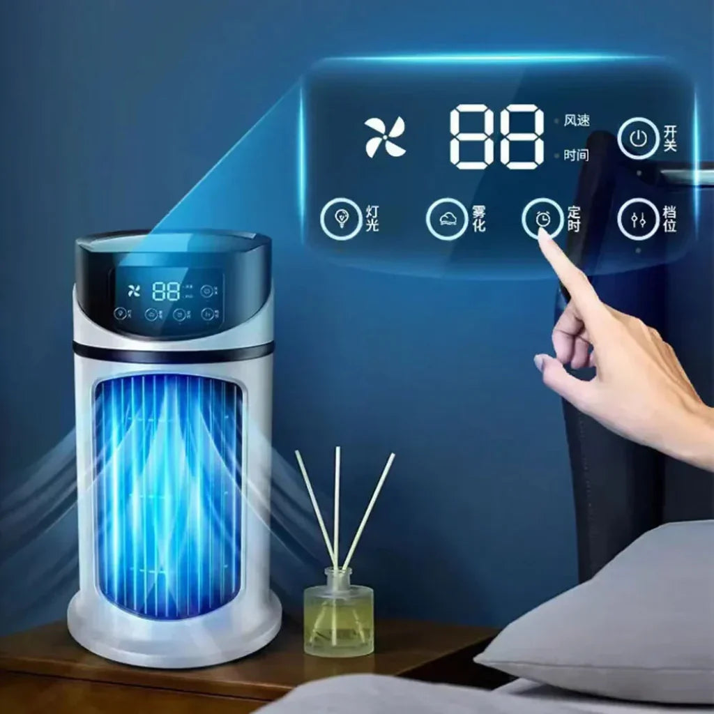 Small personal evaporative air cooler. Portable fan, humidifier, and mini AC for desktop & home office summer.