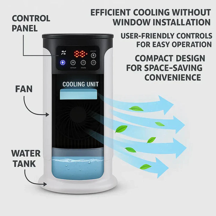 Quiet portable room air conditioner with humidifier. Compact design, windowless for energy-efficient personal cooling.