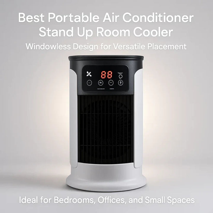 Sleek compact portable air conditioner, a summer essential. Windowless AC for energy-efficient room cooling.