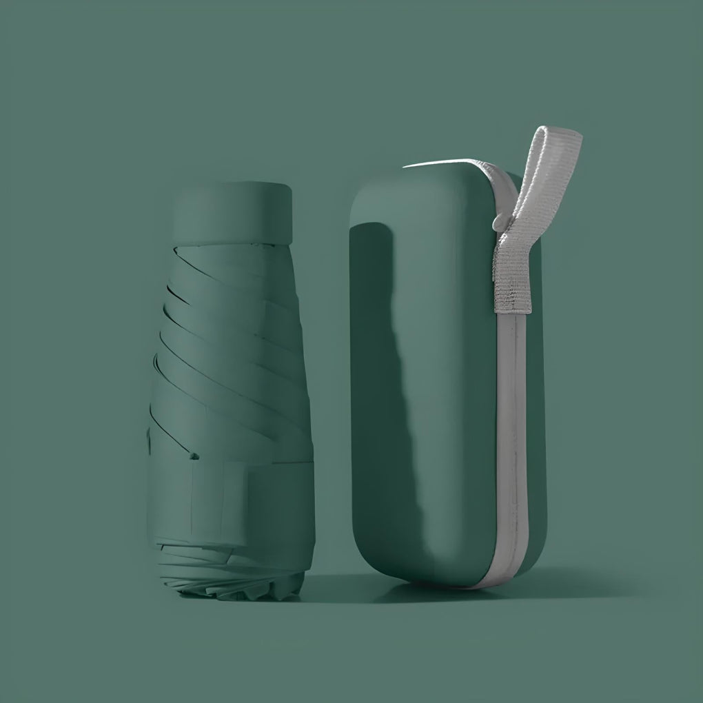 Compact travel umbrella, open, showcasing its windproof design and black canopy for UV protection