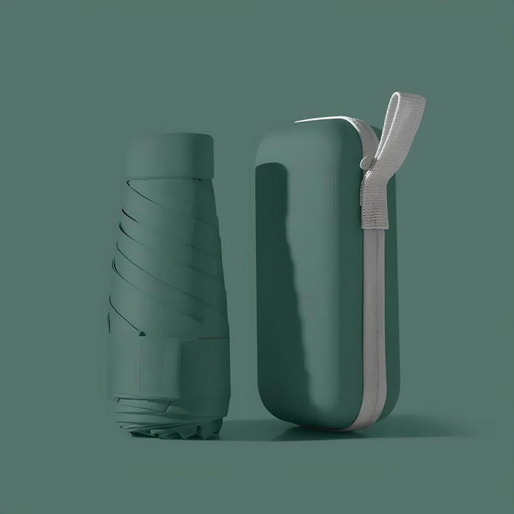 Compact travel umbrella, open, showcasing its windproof design and black canopy for UV protection