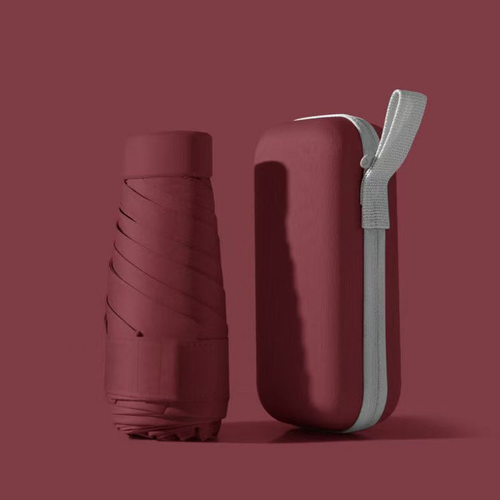 Close-up of the compact travel umbrella's windproof frame and waterproof fabric, UV protection feature